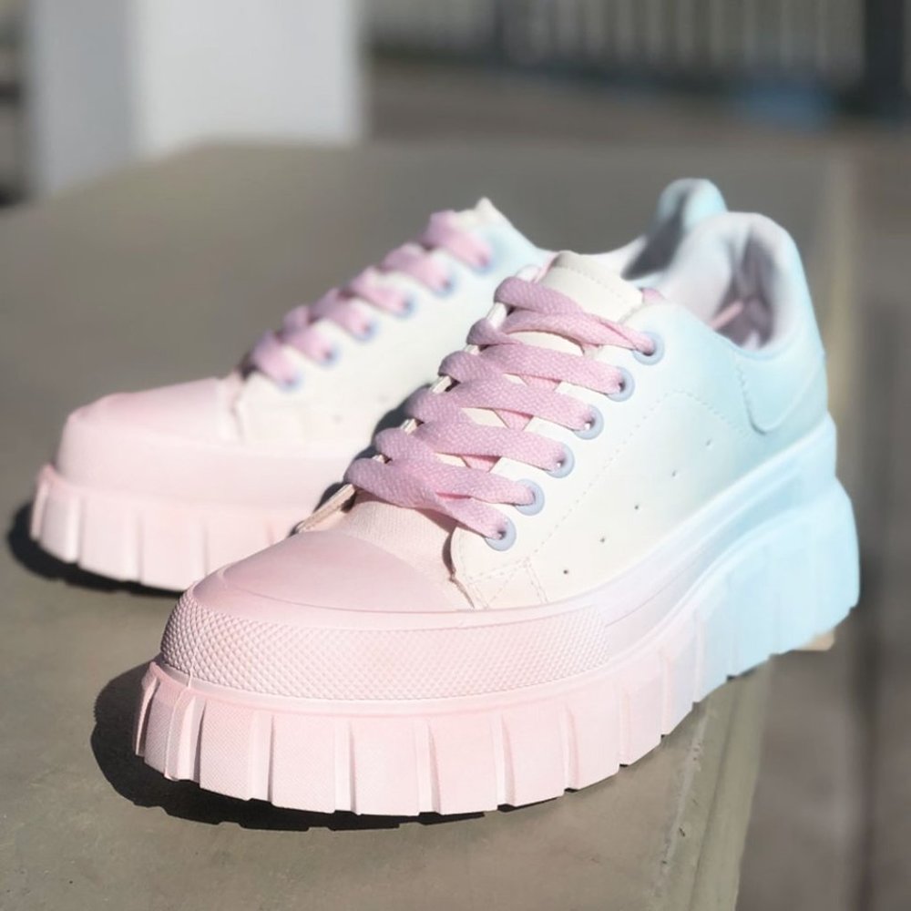 NEW Pastel Pink Blue Ombre Kawaii Cute Platform Low Top Laced Up Sneakers Shoes - Picture 2 of 12